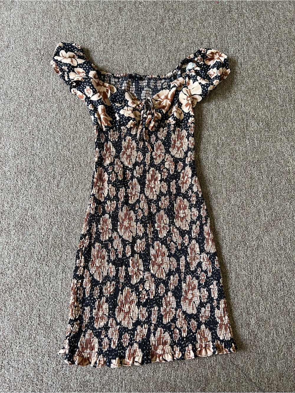 Papermoon Black Dress with Brown Floral Print - Smocked Mini